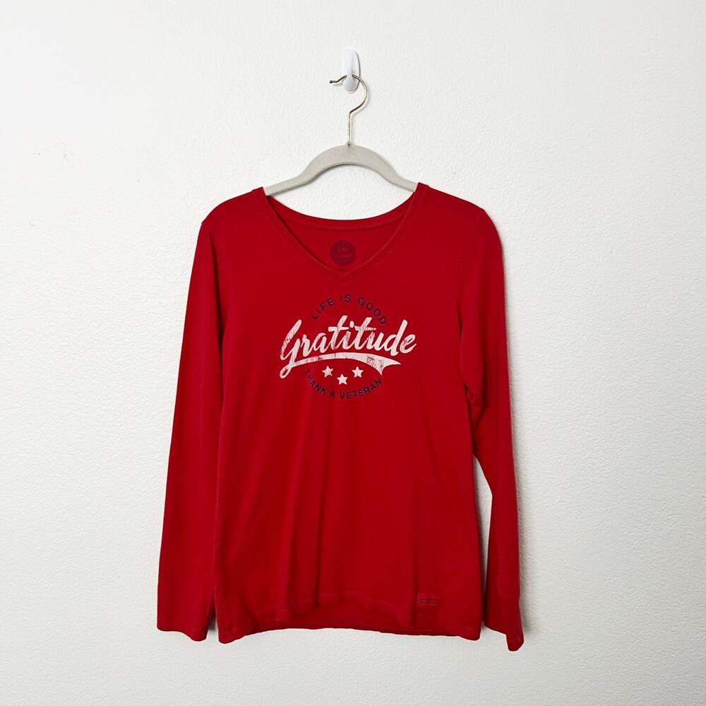[Life Is Good] Gratitude Thank a Veteran Long Sleeve V-Neck T-Shirt Size Small S